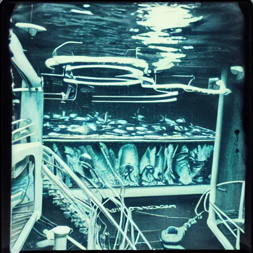 Prompt: under water deep sea laboratory, at night, lo fi, polaroid 6 0 0, 1 9 6 5 lightning, vintage science fiction, aquatic plants, colorful swirls of paint, movie set.