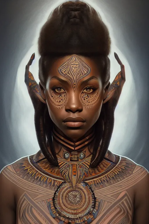 Image similar to symmetrical body portrait of beautiful nubian tribal tattooed young woman, intricate, elegant, highly detailed, digital painting, artstation, concept art, smooth, sharp focus, illustration, art by artgerm and greg rutkowski and alphonse mucha, 8 k