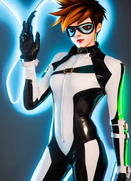 Image similar to portrait bust digital artwork of tracer overwatch, wearing white iridescent rainbow latex and leather straps catsuit outfit, 4 k, expressive happy smug expression, makeup, in style of mark arian, angel wings, wearing detailed black leather collar, chains, black leather harness, detailed face and eyes,