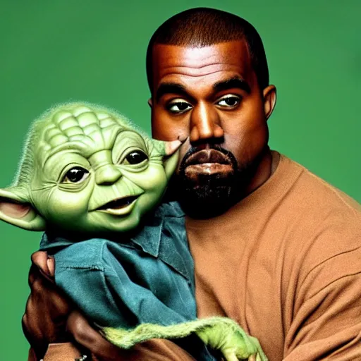 Image similar to kanye west smiling and holding yoda for a 1 9 9 0 s sitcom tv show, studio photograph, portrait