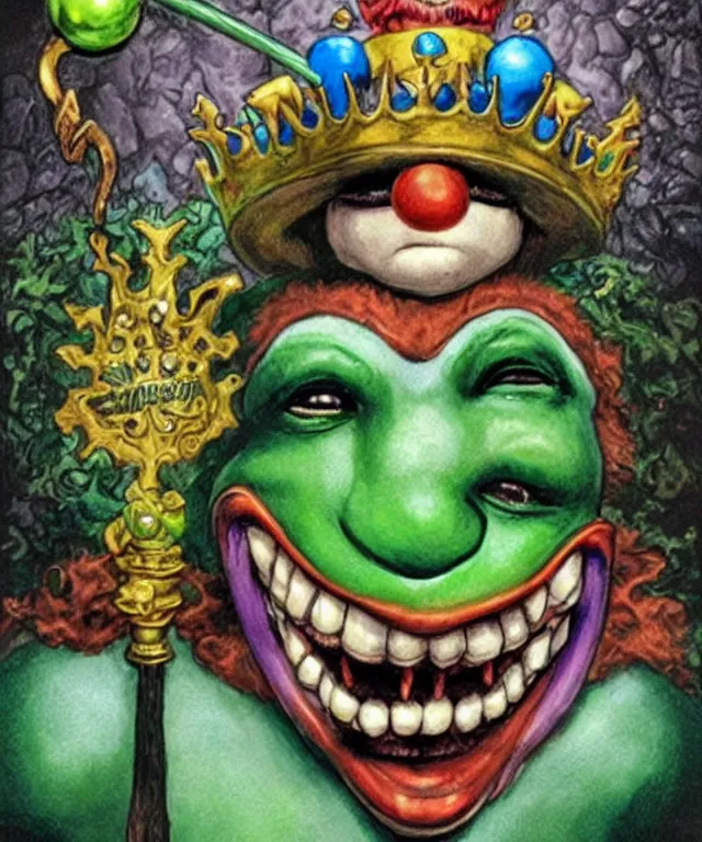 Image similar to clown frog king pulls the sword from the stone, clown frog king wearing clown makeup and rainbow wig, clown crown artwork by Glenn Fabry