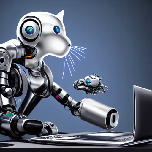 Prompt: a metallic robotic cyborg cat holding a computer mouse in his mouth, cyberpunk, digital art, 8 k, trending on artstation