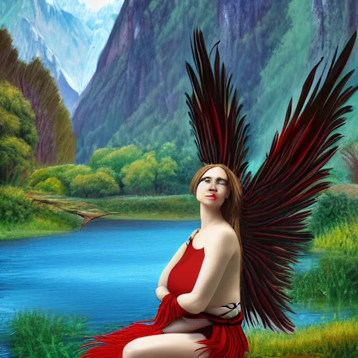 Image similar to prompt Young Woman, wearing Inka clothes, Harpy, red feathered wings, sad expression, sitting at a pond, mountainous area, trees in the background, digital art