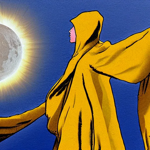 Prompt: A figure wearing frayed yellow hooded robes. Detailed. Solar Eclipse in background.