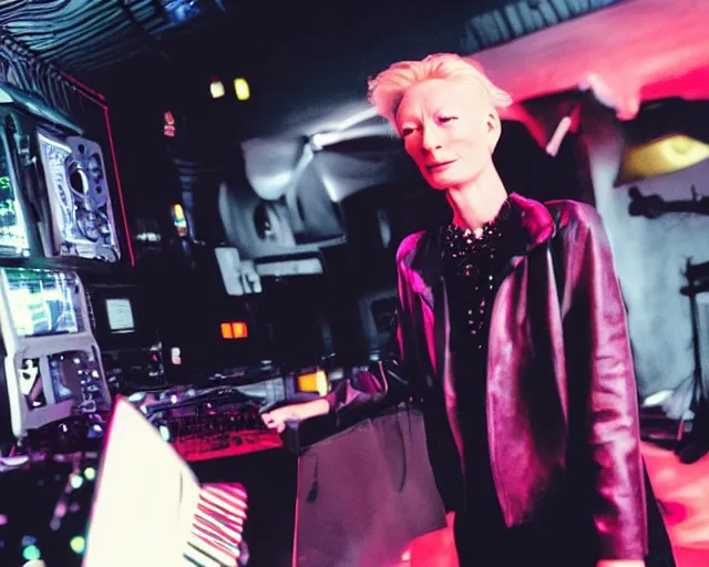 Prompt: Tilda Swinton as a techno DJ in Hideo Kojima's Snatcher