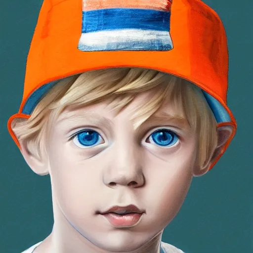 Prompt: a detailed portrait of a boy with blue eyes and blonde hear wearing an orange bucket hat, art illustration, incredibly highly detailed and realistic, 8 k, sharp focus