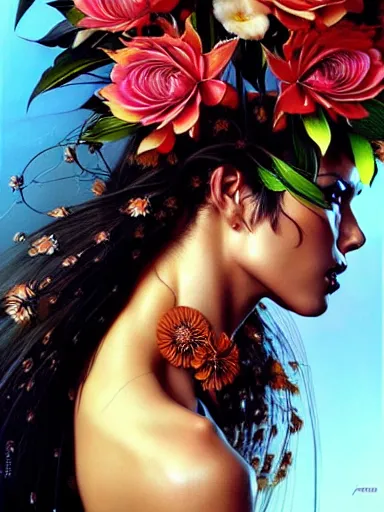 Image similar to a portrait of latina supermodel with a floral background by karol bak, artgerm, moebius, yoji shinkawa : : portrait, illustration, photorealism, hyperrealism