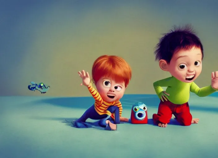 Image similar to two monster children playing together, best friends, Pixar, vintage, children's book, amazing composition
