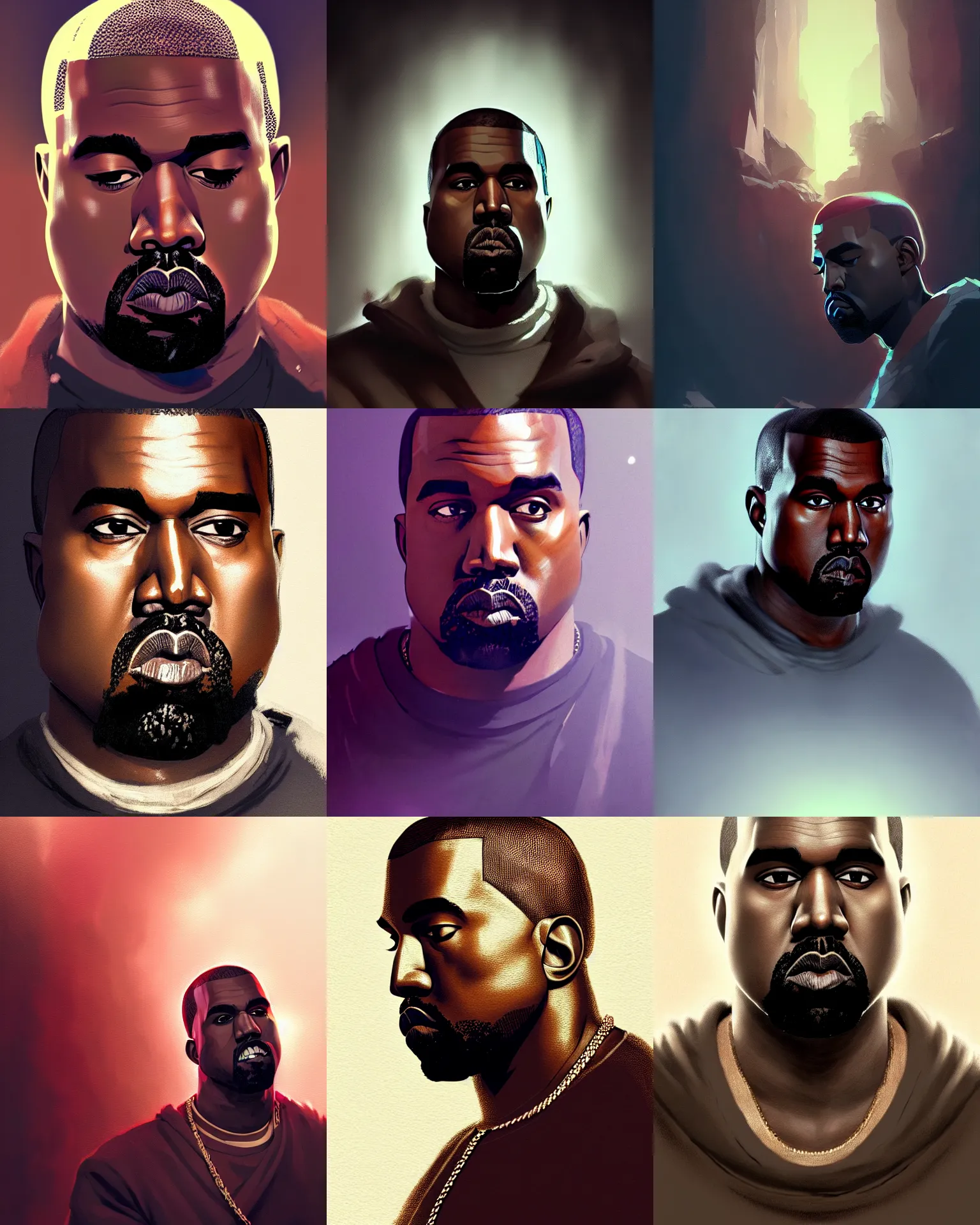 Prompt: Kanye West, medium shot close up, details, sharp focus, illustration, by Jordan Grimmer and greg rutkowski, Trending artstation, pixiv, digital Art