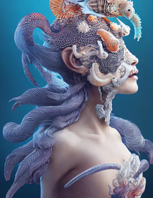 Image similar to 3 d goddess close - up frontal portrait with ram skull. beautiful intricately detailed japanese crow kitsune mask and clasical japanese kimono. betta fish, jellyfish phoenix, bio luminescent, plasma, ice, water, wind, creature, artwork by tooth wu and wlop and beeple and greg rutkowski