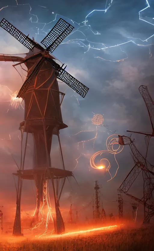 Image similar to a steampunk windmill, robot, blue fire, ash rain, electricity lightning, concept art, sharp focus, intricate details, highly detailed, disney pixar, octane render, iridescent, anime, 8 k, bokeh