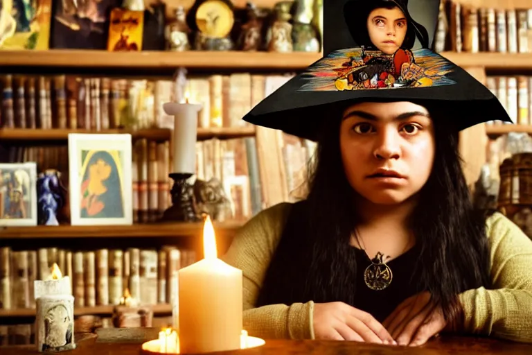 Image similar to 2 0 0 0's photo, close up portrait, dramatic lighting, concentration, calm confident hispanic teen witch and her cat, on candle and tarot cards displayed on the table in front of her, a witch hat and cape, apothecary shelves in the background, still from harry potter, alphonse mucha