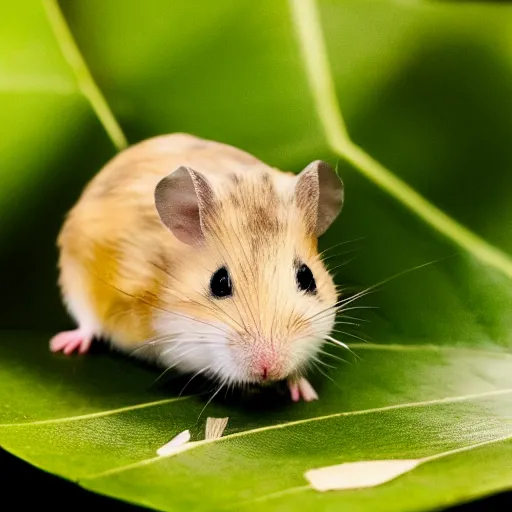 Prompt: a very tiny dwarf hamster eating a large tropical leaf, realistic, depth of field, bokeh blur, studio lighting, detailed, 4 k ultra hd