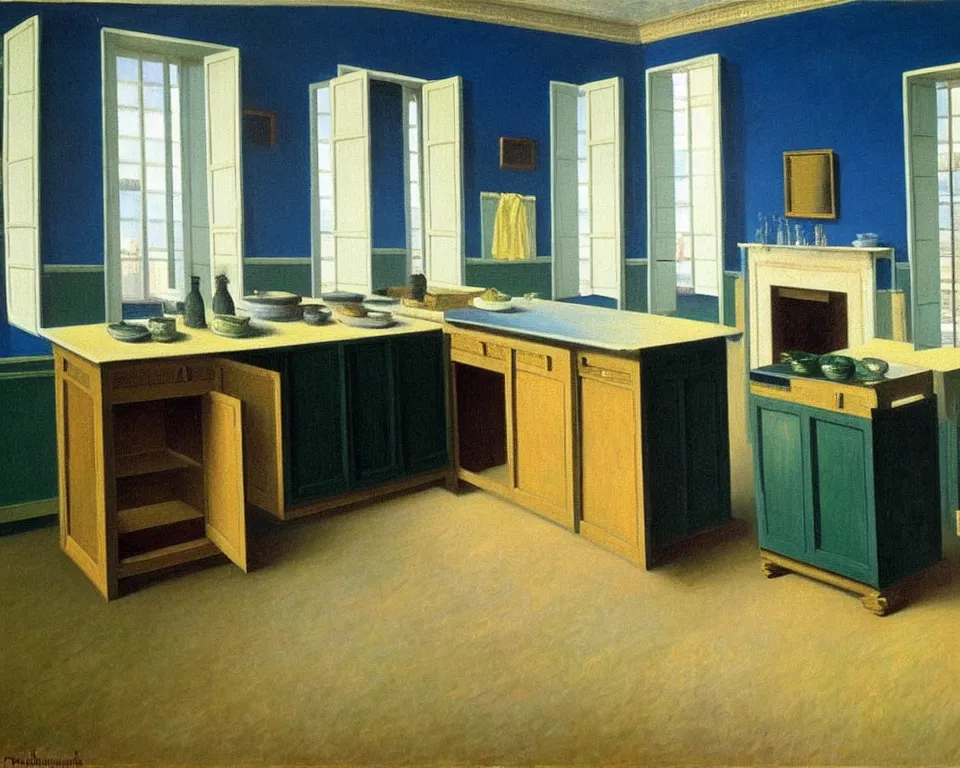 Image similar to achingly beautiful painting of a sophisticated, well - decorated kitchen by rene magritte, monet, and turner.