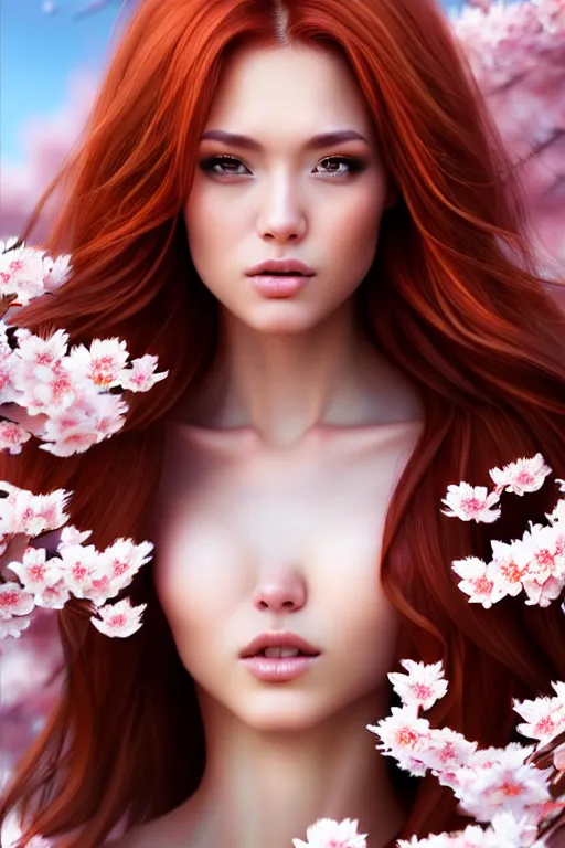 Image similar to photo of a gorgeous female with auburn hair in the style of stefan kostic, realistic, body shot, sharp focus, 8 k high definition, insanely detailed, intricate, elegant, art by stanley lau and artgerm, cherry blossoms