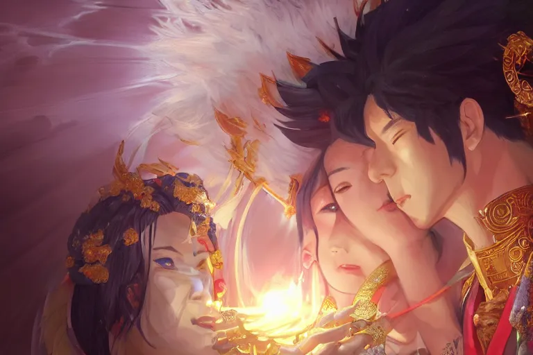 Image similar to close up moment of a divine a japan sun god and a moon goddess lovers magician at a wedding banquet, highly detailed, d & d, fantasy, 4 k realistic, digital painting, trending on artstation, concept art, sharp focus, illustration, art by makoto shinkai and akihiko yoshida and daniel gerhartz