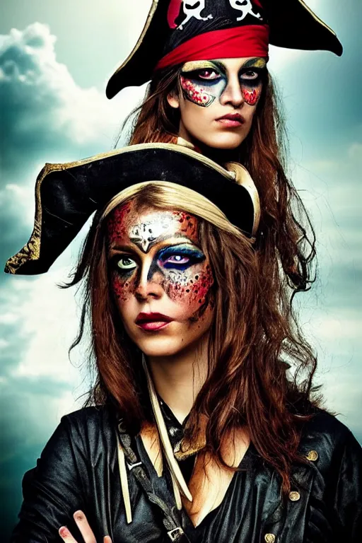 Image similar to a swashbuckling woman pirate portrait in national geographic, her clothing is sheer and futuristic, painted with iridescent face paint