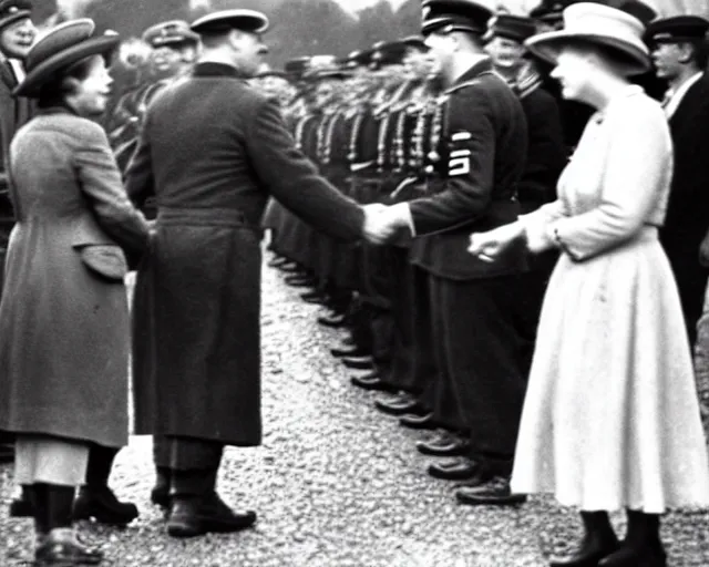 Image similar to ultra wide 1 9 4 6 blurry historical photo of a single german general shaking hands with a young queen elizabeth in a french village, her corgis are nearby highly detailed, sharp focus