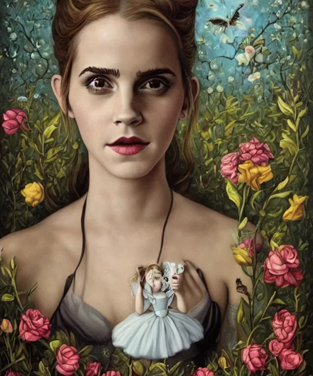 Prompt: portrait of Emma Watson in wonderland, lowbrow painting by Mark Ryden