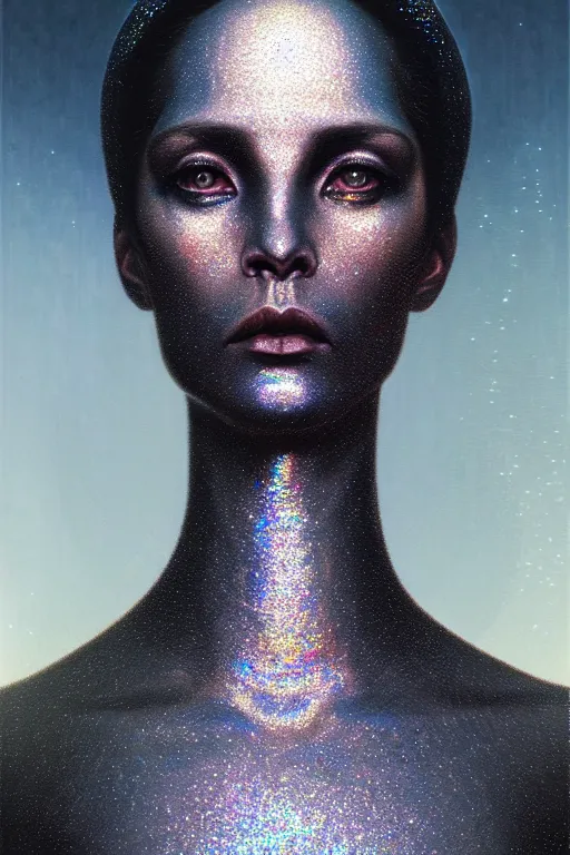 Prompt: pearlescent! black lilith! the mother of all creatures! stares into the void, covered in iridescent glitter!! diamonds & rubies, raining ash, fine art masterpiece, highly detailed dino valls wayne barlowe machiej kuciara, dramatic lighting, medium shot, side angle, uhd 8 k, sharp focus