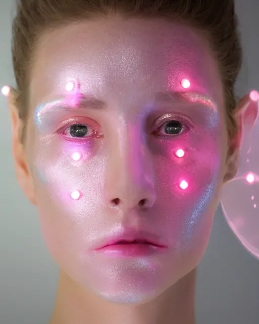 Image similar to natural light, soft focus portrait of an android with soft synthetic pink skin, blue bioluminescent plastics, smooth shiny metal, elaborate electronic jewellery, screens for eyes, leds, piercings, face tattoo, skin textures, by annie liebovotz, paul lehr,