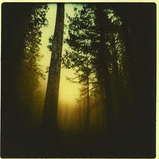 Image similar to eerie polaroid of a man floating above the forest at dusk