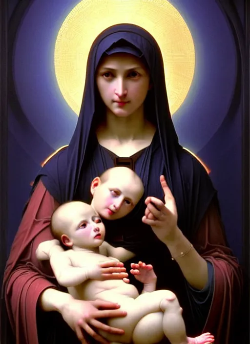 Prompt: realistic detailed 8k photo of futuristic holy cyborg-robotic-mother holding a newborn baby child in hands by Raphael Santi, William-Adolphe Bouguereau, orthodox icon Neo-Gothic, gothic, rich deep colors. masterpiece, intricate artwork by Tooth Wu and wlop and beeple, greg rutkowski. still from a 2021 movie by Terrence Malick, Tarkovsky, Gaspar Noe, James Cameron,