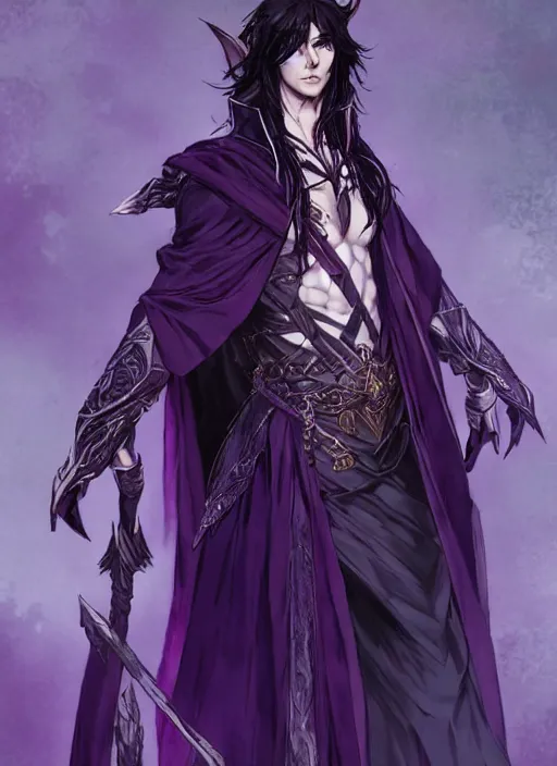 Image similar to Full body portrait of a handsome elven aristocrat with long black hair wearing purple mage robe. In style of Yoji Shinkawa and Hyung-tae Kim, trending on ArtStation, dark fantasy, great composition, concept art, highly detailed, dynamic pose.