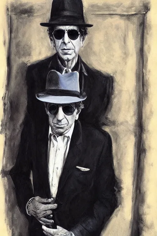 Prompt: “portrait of Leonard Cohen, impeccably dressed, wearing trilby hat, by mort kunstler”