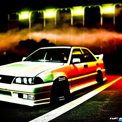 Prompt: a car JZX90 turbo drift at illegal car meet, Saitama prefecture, city midnight mist lights, cinematic color, photorealistic, highly detailed wheels, 50MM