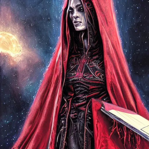 Prompt: tall thin gray - skinned brooding space elf priestess in ornate hooded long red cloak, on space station, highly detailed, mike mignogna, comic book, science fiction, dark tones, dark, rough paper, oil painting