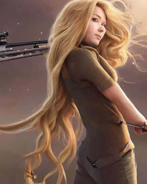 Prompt: disney princess with long blonde hair vs long barreled 9 0 sniper rifle : : weta disney pixar movie still photo : : hi - fructose, decadent highly - detailed digital painting, golden ratio, octane render, artstation, smooth, sharp focus, artgerm, mucha, loish, wlop