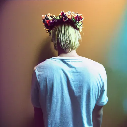 Image similar to kodak portra 4 0 0 photograph of a skinny blonde guy standing in a cluttered bedroom, back view, flower crown, moody lighting, telephoto, 9 0 s vibe, blurry background, vaporwave colors, faded!,