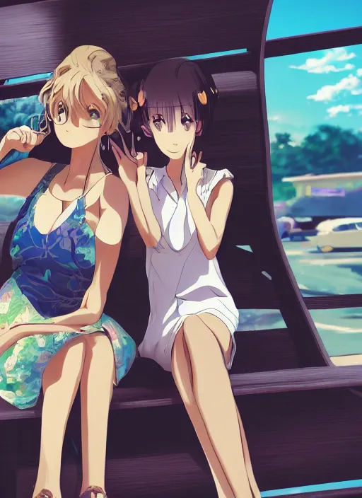 Image similar to two beautiful mature women waiting at a bus stop, summer clothes, gorgeous faces, thick lines, cinematic lighting, detailed anime art