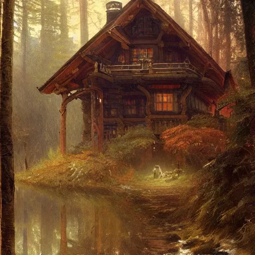 Image similar to a beautifull intricate painting of a log cabin in a dark fantasy forest, reflections, very high details by william turner art, greg rutkowski and alphonse mucha, trending on artstation, very very detailed, masterpiece,