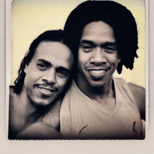 Image similar to polaroid picture, sepia, ronaldinho gaucho hugs manu chao in a paraguayan prison, perfect face, symmetrical face, fine details, day setting, ethereal, trending on artstation