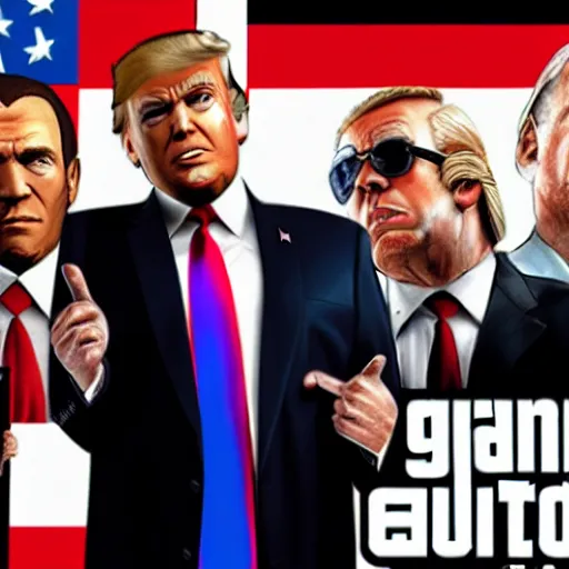 Prompt: Donald Trump in GTA V promotional art, 4k