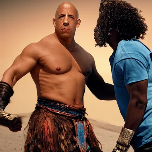 Image similar to candid photo of Vin Diesel as a witchdoctor on Mars fighting valiantly against Elon Musk by Annie Leibowitz, photorealisitc, extremely detailed