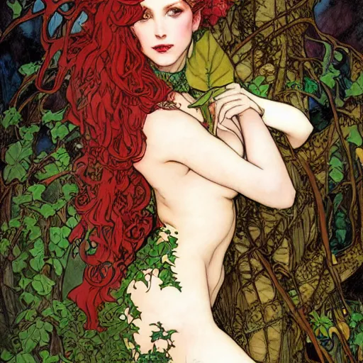 Image similar to a beautiful and detailed magic the gathering card of a seductive poison ivy as a dryad, fantasy, d & d, dark eyeliner, intricate, elegant, highly detailed, digital painting, artstation, concept art, matte, sharp focus, illustration, art by rebecca guay and by arthur rackham and by alphonse mucha and by john william waterhouse