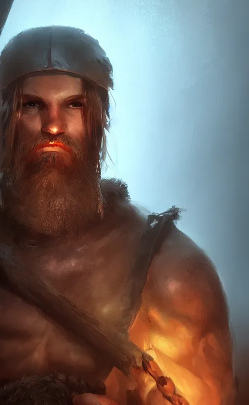 Prompt: portrait of a male barbarian human, dungeons and dragons, unreal engine 5, moody lighting, mist, digital art, trending on artstation