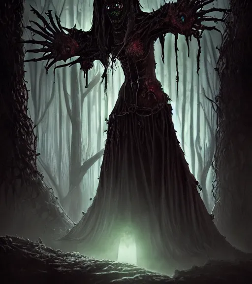 Image similar to gothic necrolord female with zombie servents, digital painting, liminal eerie midnight backlit, a picture taken by Michael Komarck and Daniel Ljunggren