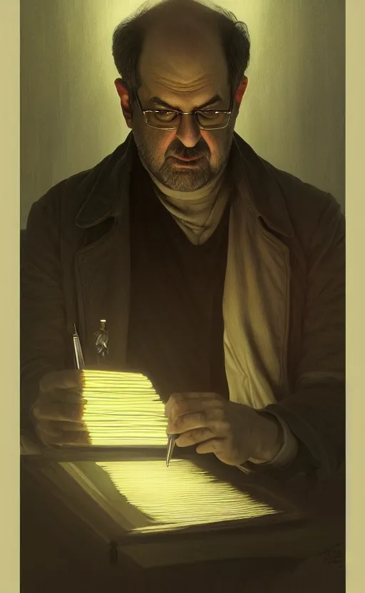 Image similar to portrait of salman rushdie writing in the dark, deep focus, blade runner 2 0 4 9, fantasy, intricate, elegant, highly detailed, digital painting, artstation, concept art, matte, sharp focus, illustration, art by artgerm and greg rutkowski and alphonse mucha