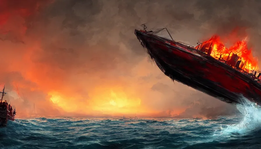 Prompt: Realistic concept art of a burning boat attacked by demons in the middle of the ocean with dark and red sky, hyperdetailed, artstation, cgsociety, 8k