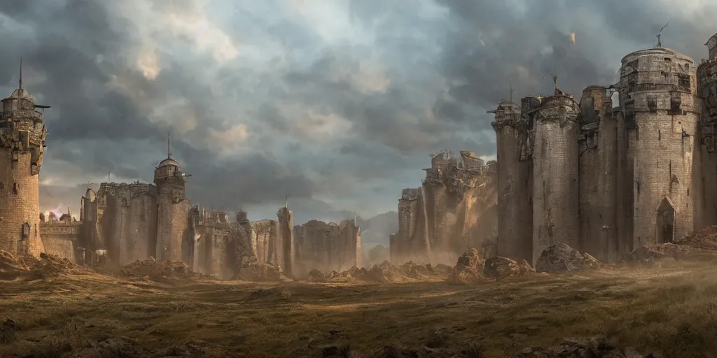 Image similar to beautiful matte painting of a giant wall with guard towers by weta workshop 8 k, cinematic dramatic atmosphere, dramatic lighting