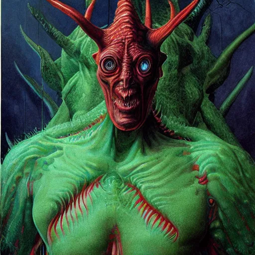 Image similar to realistic alien, medium shot portrait, devil horns, green head. red eyes,!!! human eyes!!!, background flames, by wayne barlowe