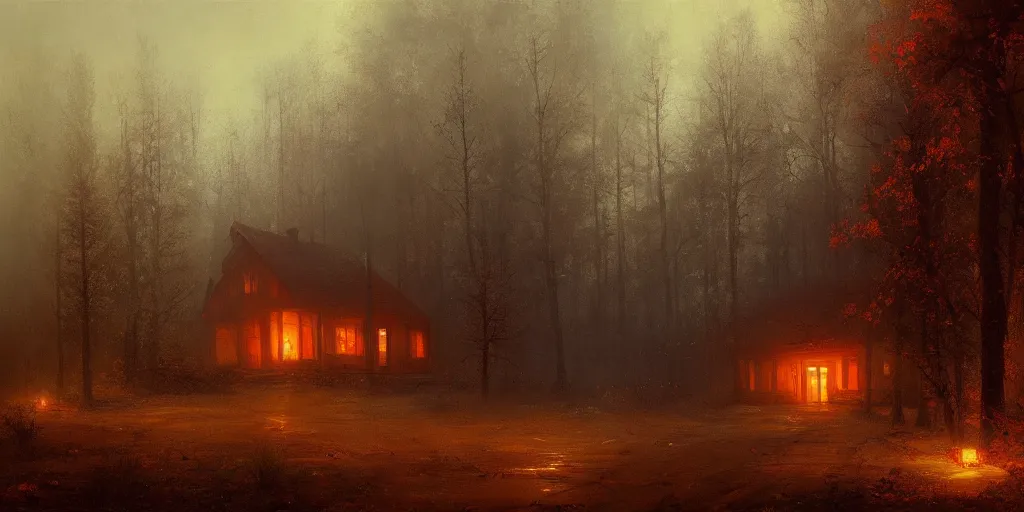 Image similar to an old house with red light on from the windows during the night in a forest, mystical fog, oil on canvas, details, a desert road next to the house, art by andreas achenbach and alena aenami