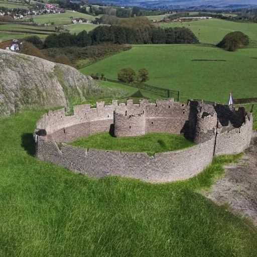 Image similar to a beautiful motte and bailey castle tilt shift perspective high resolution