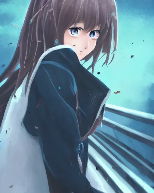 Image similar to a teenage girl on a haunted ship, full shot, very anime, digital art, captures emotion and movement, ambient lighting, perfect composition, dynamic lighting, detailed face, very extremely detailed blue eyes, smooth shading