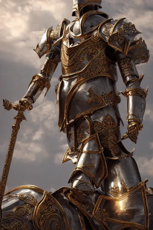 Image similar to a holy knight in ornate godly armor made of ivory, harnessing holy light, vfx, particles, realistic 8k octane render, unreal engine, sunny day, clear sky, noon, God rays, post processing