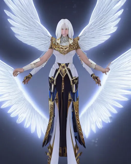 Image similar to perfect white haired egyptian goddess wearing white dove wings, warframe armor, regal, attractive, ornate, sultry, beautiful, dreamy, half asian, pretty face, blue eyes, detailed, scifi platform, 4 k, ultra realistic, epic lighting, android body, illuminated, cinematic, masterpiece, art by akihito tsukushi, voidstar, artgerm